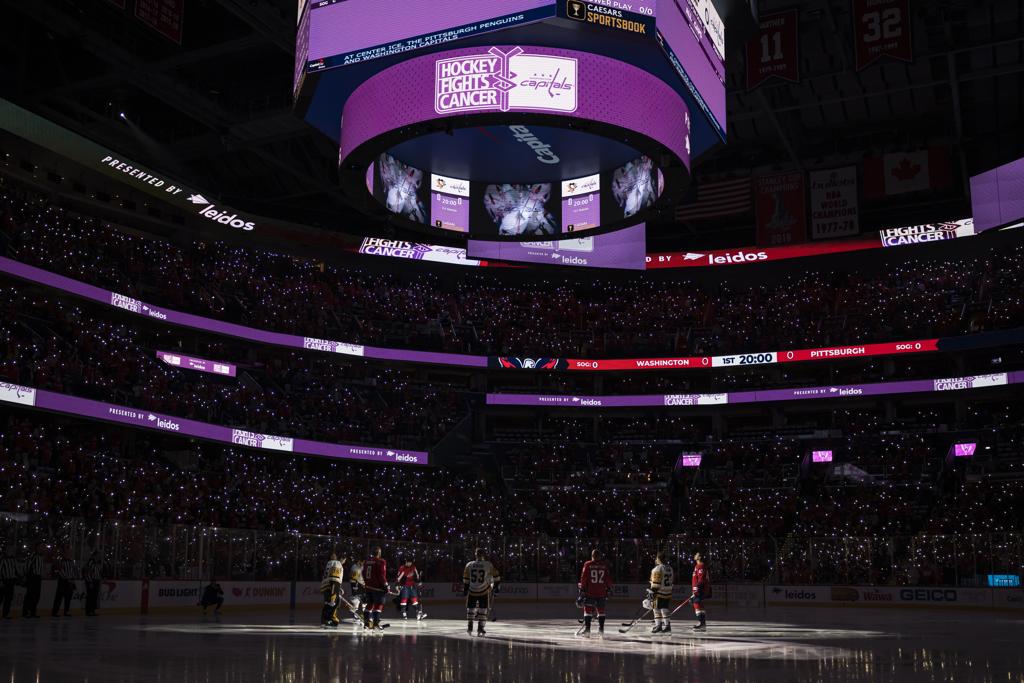 Pittsburgh Penguins v Washington Capitals WASHINGTON, DC - NOVEMBER 14: Washington Capitals and Pittsburgh Penguins stand in a circle at center ice for a Hockey Fights Cancer ceremony before the game at Capital One Arena on November 14, 2021 in Washington, DC. (Photo by Scott Taetsch/Getty Images)